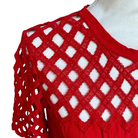 Sandro Paris Lace Blouse FR 2 US 6 Red Cutout Short Sleeve Keyhole NWT $250 - Picture 4 of 13